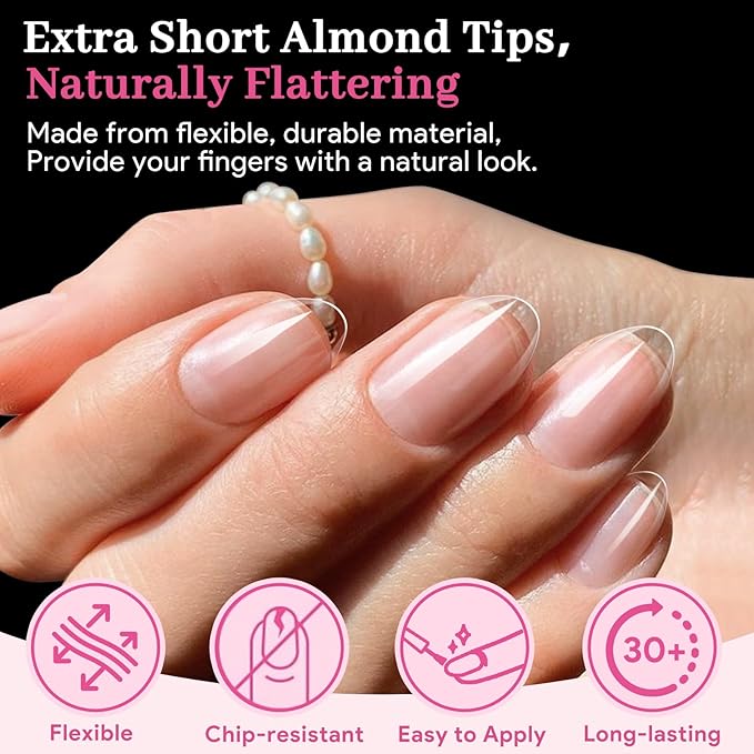 Extra Short Almond Fake Nail Tips, 15 Sizes 240 PCS Clear Half Matte Press On False Nail Tips Pre-shaped Full Cover Gel Nail Acrylic Soft Tip Extensions Thick Long Lasting for Home DIY Nail Salon