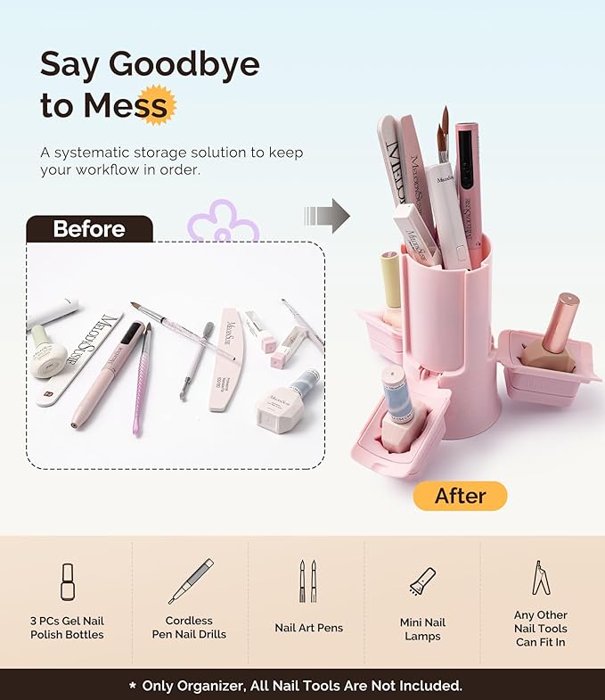 MelodySusie GelCarousel for Nail Polish Bottle Holder and Nail Art Tools Organizer, 360° Rotating Storage Container with 3Pcs Detachable Silcone Gel Polish Holder, Pink(Only Box)