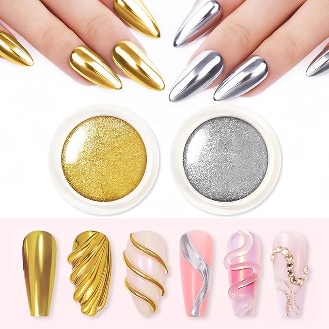 3D Gel Nail Art Silver Gold Chrome Nail Powder Kit Clear 3D Nail Sculpting Gel Gold Chrome Powder for Nails Art Design Silver Glitter Pigment Powders Metallic Mirror Effect with Tools