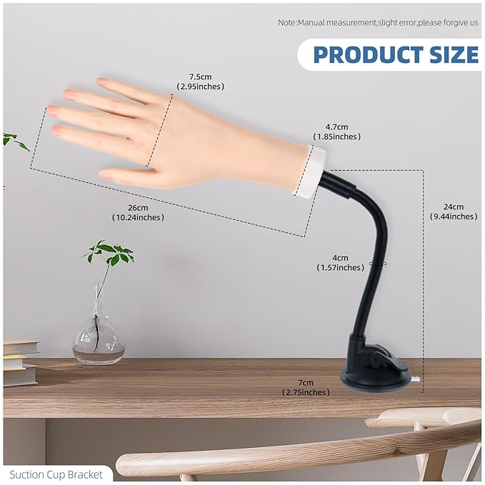 Practice Hand for Acrylic Nails, Flexible Bendable Fake Hand with Adjustable Stand, Nail Training Kit Mannequin Hand for Beginners & Nail Artists (Suction Cup Stand)