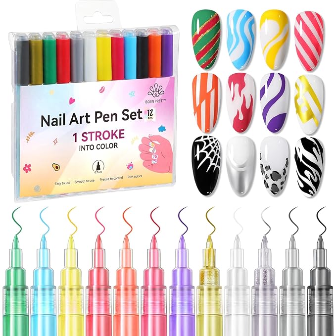 Born Pretty 12 Colors Nail Art Pens Set,3D Nail Point Graffiti Dotting Pen Acrylic Paint Pens Point Liner Pen Drawing Painting Quick Dry Nail Markers for DIY Nails Art Beauty Adorn Manicure Tools