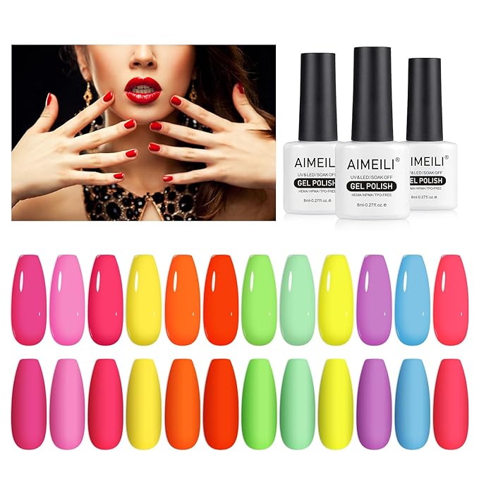 AIMEILI Hema Free Gel Nail Polish Set, Cruelty Free, Vegan, Neon Collection 12 Colors Hot Pink Blue Yellow Green Bright Spring Summer Gel Gift Kit Set 25