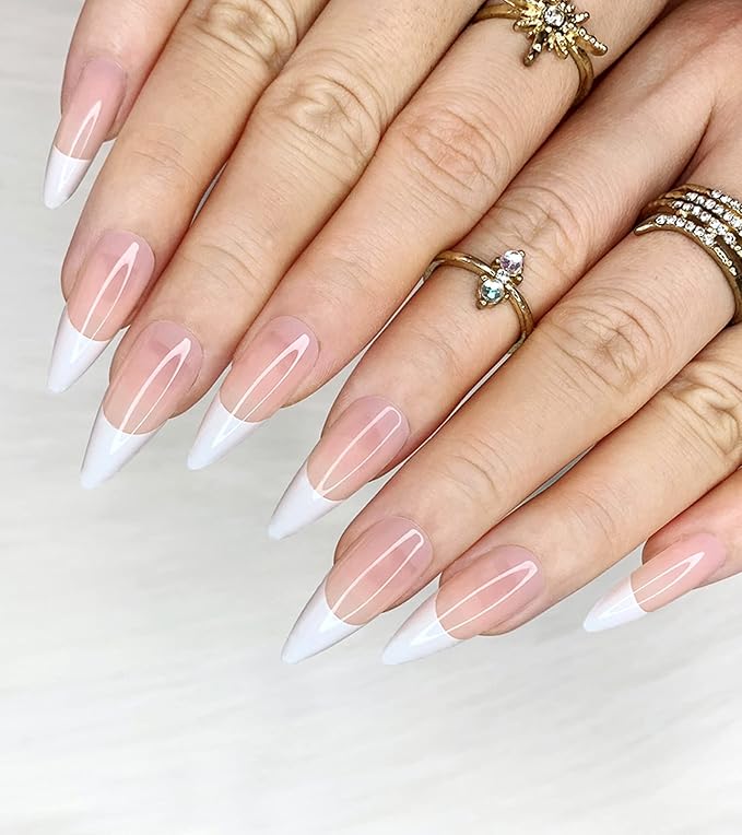 Morily 24pcs Fake Nails Pink White Glossy Medium Long Stiletto Almond Press on Nail False Tips Artificial Finger Manicure for Women (French)