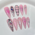 10Pcs Long Press on Nails Handmade Luxury Reusable Fake Nails Pink Almond Ombre False Nails with 3D Design Acrylic Gel Nails Full Cover Stick on Nail for Women (Size M)