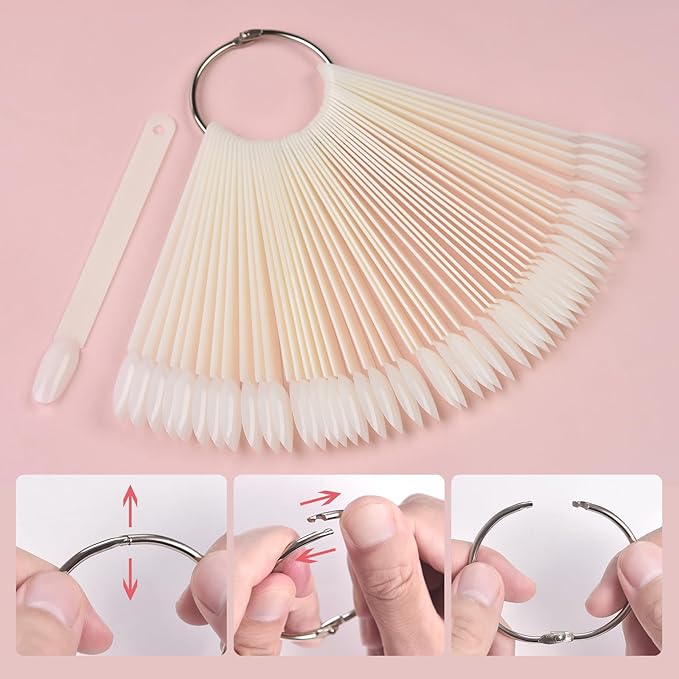 150PCS Nail Swatch Sticks with Ring Fan Shaped Nail Polish Sample Sticks False Nail Sample Swatches for Nail Practice Color Display