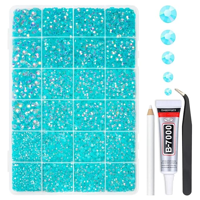 Aquamarine AB Resin Rhinestones w B7000 Glue for Bedazzling Crafting 2mm-6mm Lake Blue Flatback Jelly Gems Stones Diamonds Bedazzler Kit for Nails Face Eyes Makeup Tumblers Bottles DIY Crafts