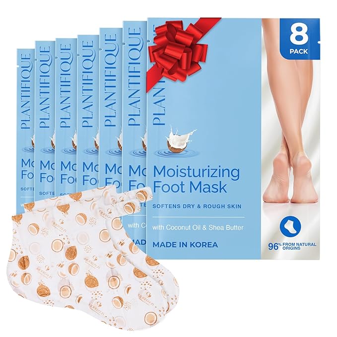 PLANTIFIQUE Korean Foot Mask with Shea Butter 8 Pairs box for Dry & Cracked Feet | Hydrating Socks for Soft Heels | Intense Moisturizing and Repairing Dry Rough Skin | Foot Spa | Happy Feet Mask