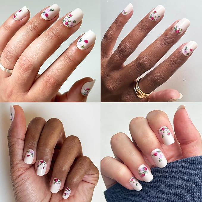 Olive & June Instant Mani Press-On Nails (Glue) | 42 Fake Nails, 21 Sizes | Non-Toxic, Long-Lasting Recycled Materials Realistic Look | Salon-Quality at Home | Short, Squoval | Rose Bouquets