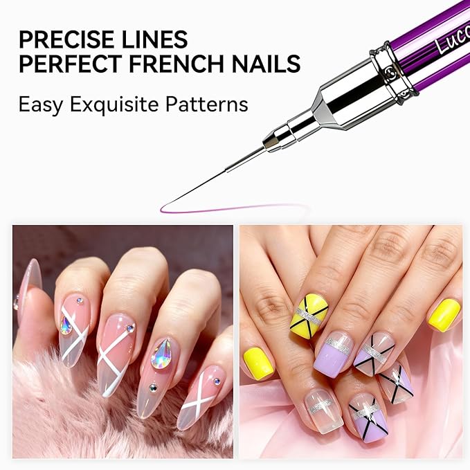 Nail Art Brushes Set 2-Piece: French Tip Brush and 12mm Liner Brush for Gel Clean Up, Smile Lines & Nail Design (Purple)