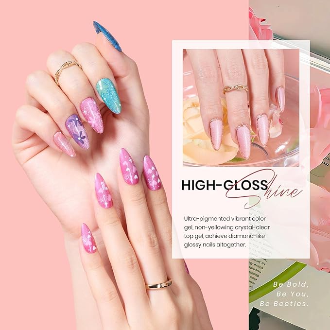 beetles Cat Eye Gel Polish Set - Floral Verses 20 Colors Gel Polish Kit, Blue Pink Purple Green Shimmer Nail Colors, with Magnet Stick Glossy & Matte Gel Top Base Coat UV Gifts for Women