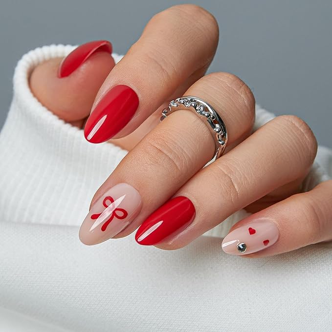 CurvLife Press On Nails Medium Almond Red Heart Bow, Glossy Soft Gel Fake Nails, Reusable Salon Look Manicure for Women Teens Beginners, 30pcs, Daily Wear Work Party