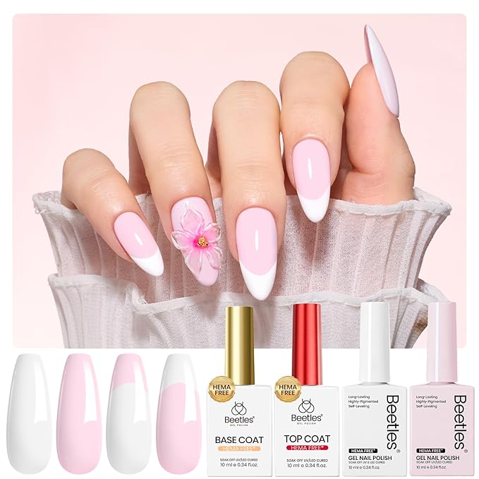 Beetles Pastel Gel Polish Set - Petal Ivory, 4Pcs White & Pink Gel Nail Polish with Base Coat Top Coat, Soak Off UV LED Lamp French Nails Art for Spring Nails Complete for Beginner & Professional