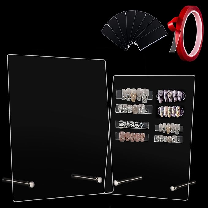 Nail Art Display Board, Acrylic False Nail Tips Sample Display Nails Colors Sample Display Stand with 50pcs Small Display tips and double side tape for Salon Nails Art Practice (2pcs large)