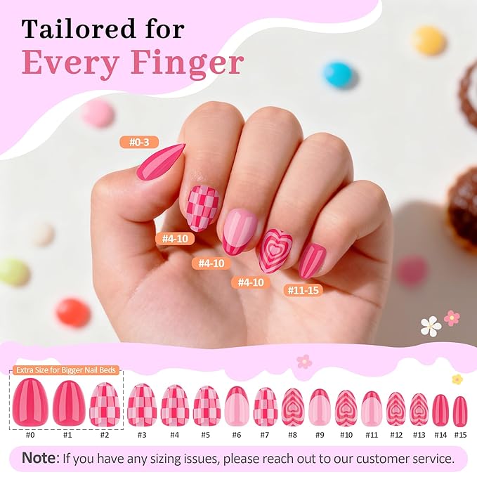 16 Sizes Press on Nails Kit for Kids - 32 Pieces French Almond Fake Nail Tips for Girls 8-12 Years Old with Jelly Nail Adhesives & No-Lamp Nail Glue, Birthday Easter Gifts (Rose Pink Grid)