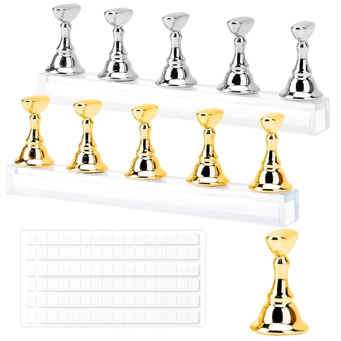 Nail Stand Nail Holder for Painting Nails 2 Sets Press on Nails Stand Display with 96 Pcs Reusable Adhesive Putty Clay Magnetic Acrylic Nailss Art Tools Accessories for DIY Salon Supplies Gold, Silver