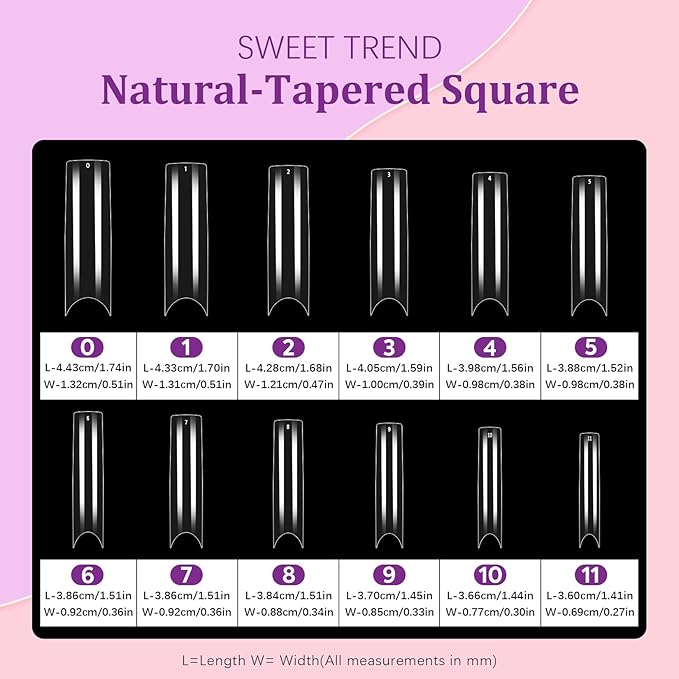 Tapered Square Fake Nail Tips: Sweet Trend No C Curve Nail Tips for Acrylic Nails 480Pcs 12 Sizes Extra Long Straight Flat Half Cover Nail Extension Kit with Glue Remover & Glue Acrylic Nail Clippers