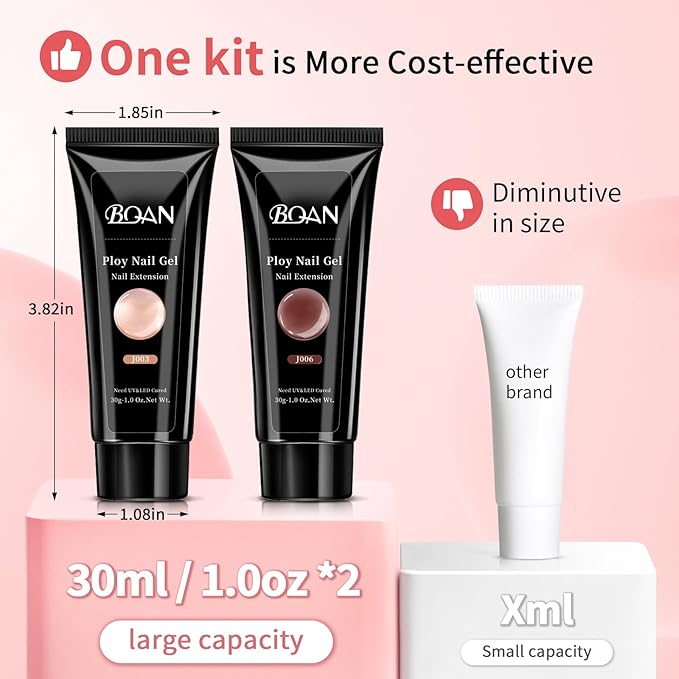 BQAN Poly Nail Gel, 2 Jelly Colors Poly Extension Gel (30ml) with Slip Solution & Brush | Non-Lifting Low Odor | for Nail Builder Pro Salon & Home DIY - Jelly Brown, 1 Oz/Pack (Pack of 2)