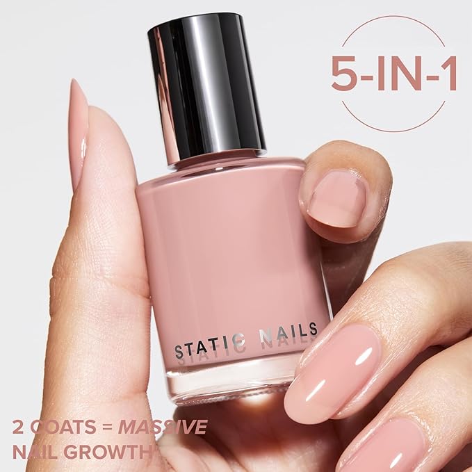 Static Nails 5-in-1 Rapid Growth Treatment Polish, Clinically Proven Hardener & Strengthener, Built-in Top & Base Coat, Quick Dry Formula, Repairs & Lengthens – Barely There (Milky Brown) 0.4 Fl Oz
