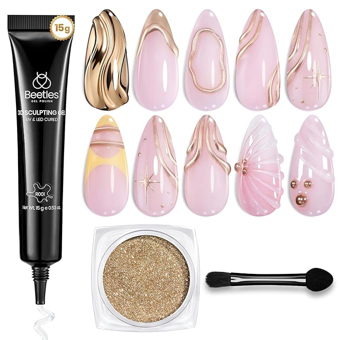 Beetles Sculpting Gel 3D Gel Nail Art 3 in 1 Clear No Wipe Nail Polish Rhinestone Art Glue Gel for Drawing, Molding, Gems and Decoration with Golden Chrome Nail Powder for DIY Nail Designs, 15g