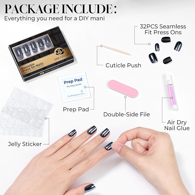 UNA GELLA 32Pcs Soft Gel Press on Nails - 16 Sizes Black Chrome Mirror Short Square Glue on Nails, Reusable Metallic Glossy Black False Nails, Full Cover Acrylic Nail Kit for Women DIY Home Manicure