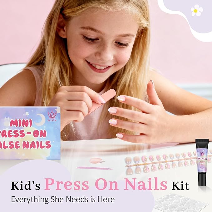 16 Sizes Press on Nails Kit for Kids - 32 Pieces French Almond Fake Nail Tips for Girls 8-12 Years Old with Jelly Nail Adhesives & No-Lamp Nail Glue, Birthday Christmas Gift