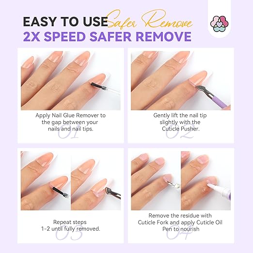 SAVILAND Fast Nail Glue Remover Kit: Press On Nail Remover 4 Pcs Cuticle Tools Easy Removal of Nails Glue and Acrylic Nails Tips 30 ml Debonder Serum and Cuticle Oil Pen Nail Prep Kit