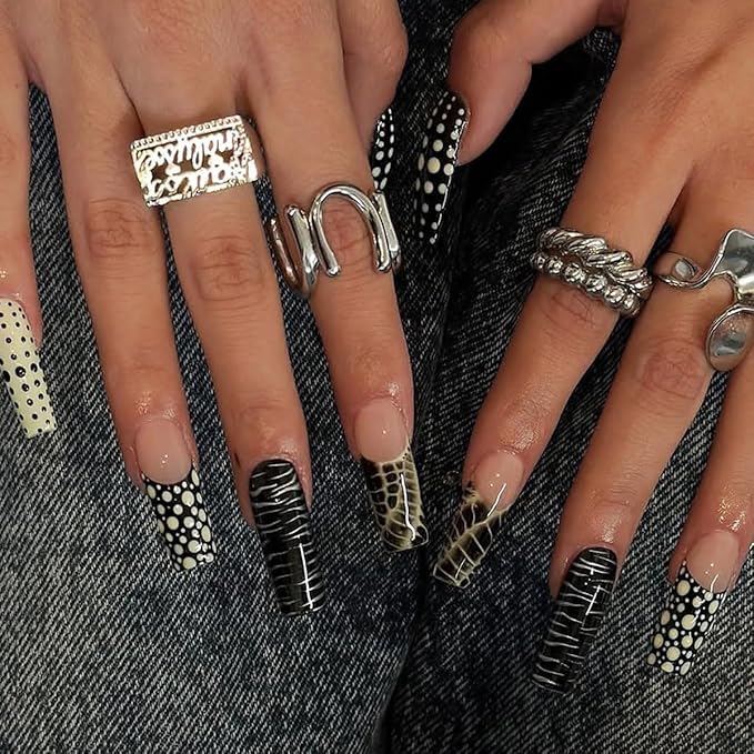 Long Square Press on Nails Polka Dot Fake Nails French Tip False Nails Black Crocodile Design Full Cover Glossy Glue on Nails for Women 24PCS