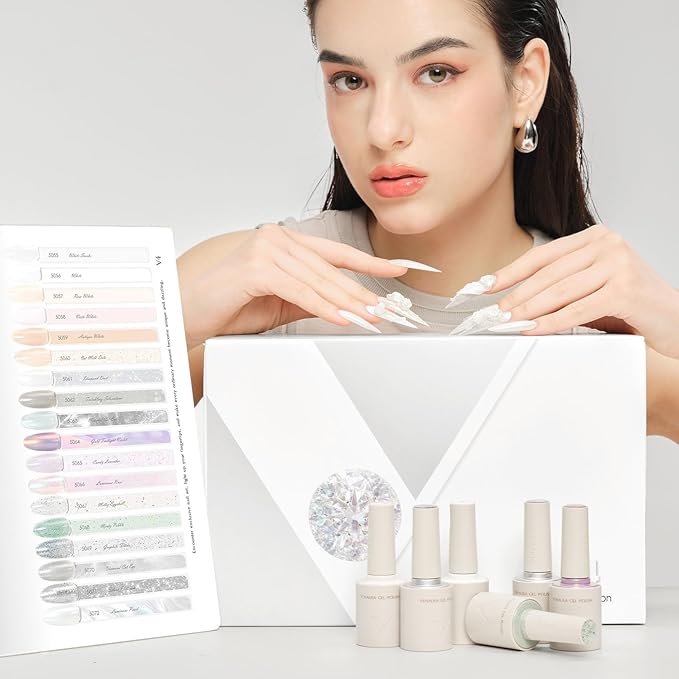 VENALISA V4 22 Pcs 10 ML White Gel Nail Polish Set with Color Card, Cat Eye Milky White Glitter Gel Polish Color Nail Art Starter Manicure Salon DIY at Home