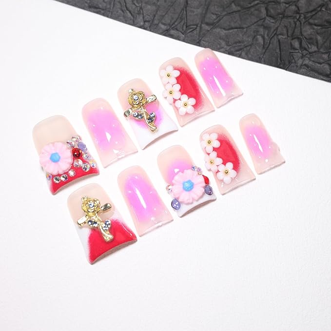 10Pcs Duck-shaped Handmade Press On Nails | French Style with 3D Floral & Rhinestone Decor | Easy to Apply, Remove & Reusable, Salon - Quality (251202, S)