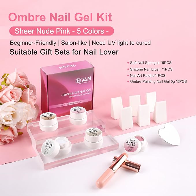 BQAN Patting Gel Polish Kit - Pro Ombre 5 Color Gradient Set with Sponges, Silicone Brush & Palette for French Aura Manicure Salon-Quality DIY Nail Art (Pink White Nude Brown)