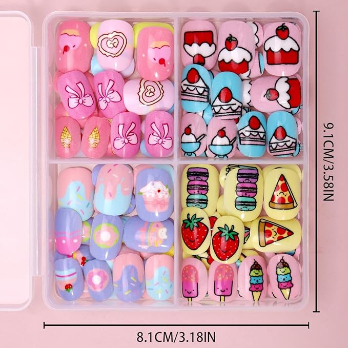 96Pcs 4 Packs Cute Short Press on Nails for Girls 4 Styles 12 Sizes Press on Nails for Kids Press ons with Dessert Bow Fruit Food Designs Full Cover Acrylic Nails for Little Girl Gift DIY Manicure