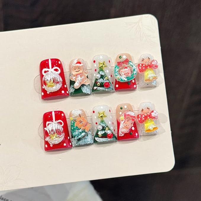 10Pcs Handmade Christmas Press on Nails Short Duck Fake Nails with Glue Winter Christmas False Nails Cute Design Xmas Multi-Layer Acrylic Nails Press ons Reusable Handmade Glue on Nail for Women (S)