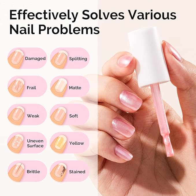 MelodySusie Nail Strengthener and Growth Treatment, 2-in-1 Ridge Filling Base Coat & Glossy Concealer Polish for Damaged Nail Repair and Healthy Shine,Gifts for Women Deep Sparkling Pink