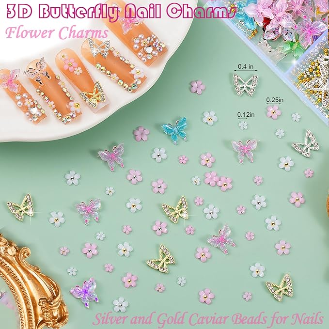 10000pcs Nail Charms and Gems:Pink Cute Bow Heart 3D Flower Charms for Junk Cases kit;Gold Chunky Butterfly Charms for Nails Design,nail jewels Diamond Rhinestones for Nails;Beads Pearls for Nails Art