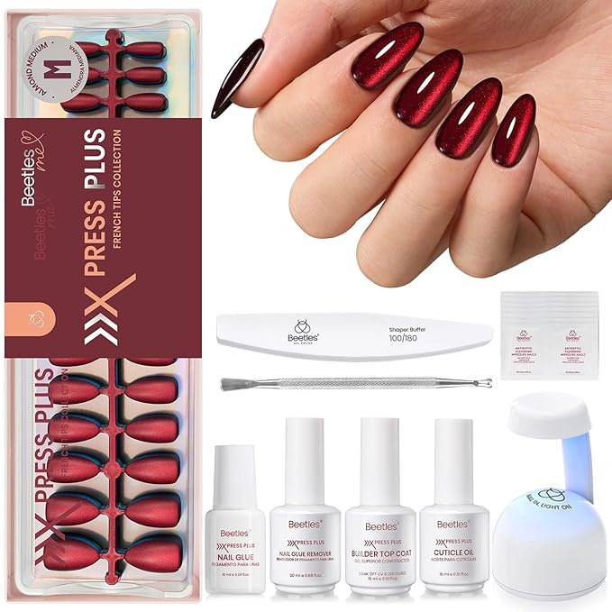 Beetles Cat Eye Nails Kit - Enchanted Aurora | 7 Colors Cat Eye Press On Nails Medium Almond | 224Pcs 16 Sizes All-in-One Kit With Nail Glue,Remover,Builder Top Coat,Nail Lamp Gift