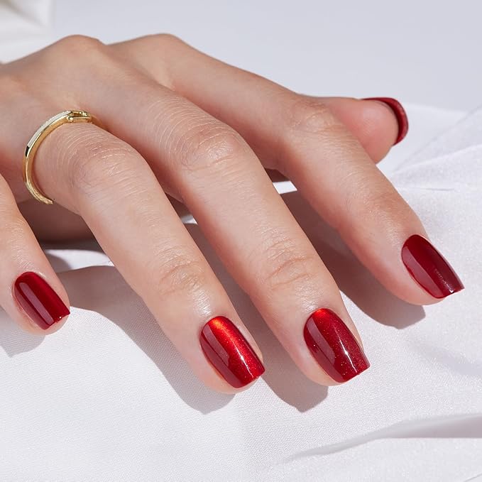 Short Red Fake Press On Nails - Findigit Cat Eye Square Stick On Nails with Nail Glue, Reusable Soft Gel Glue On Nails Kit Fit Natural False Nails for Women 16 Sizes - 32 Nail Kits, Square Ruby Red