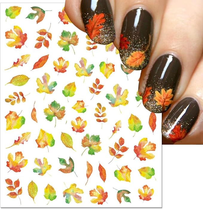 Fall Nail Art Stickers, Thanksgiving Day Laser Glitter Nail Decals, 3D Self-Adhesive Maple Ginkgo for DIY Nail Supplies Decoration(6 Sheets)