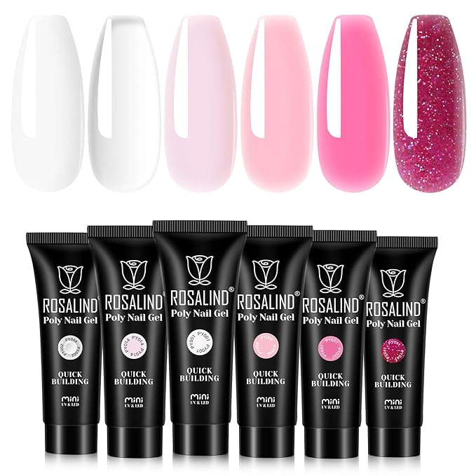 ROSALIND White Pink Glitter Christmas Poly Nail Gel Set, 6 Colors 0.34 oz/10 ml Nail Enhancement Thicker Gel Poly Extention Gels Nail Strengthener for Beginner, Manicure 3D Diy Set Need U V/LED Light
