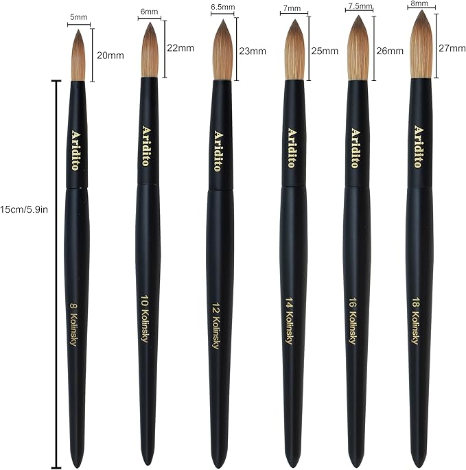 Kolinsky Round Head Acrylic Nail Art Brush Set, Black Wooden Handle, Silver Metal, Size 8 10 12 14 16 18, for Professional Manicure DIY Home Salon (14# Kolinsky)