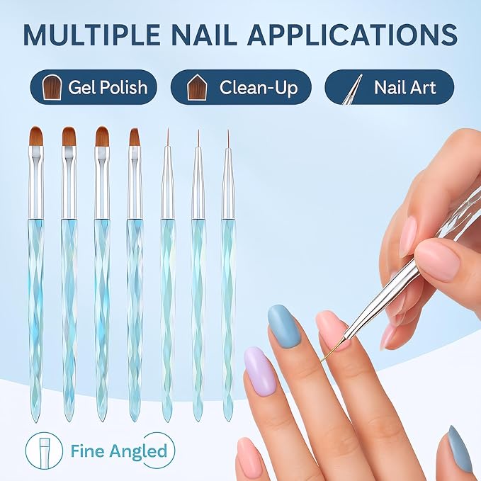 9pcs Crystal Nail Art Brush Set – Acrylic Gel Brushes for Nail Design, Liner & Flat Tips, Iridescent Handle, Professional Manicure Tool Kit for DIY or Salon Use
