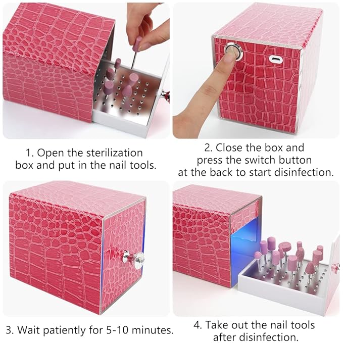 Nail Drill Bit Holder,Blue UV Light Box for Grinding Heads Dustproof Stand Displayer Acrylic 48 Holes Nail Salon Organizers Manicure Tools with USB Charging, Pink (Not Inlcude Drill Bits)