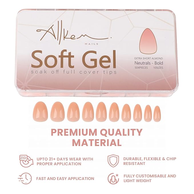 Allkem Soft Gel Nail Tips - Almond extra short Nail Extensions Kit - 12 Sizes Long Full Cover Nails - Nude (504 Pieces)