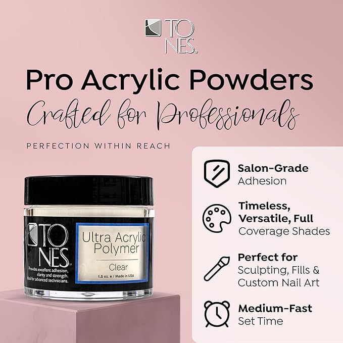 Tones Pro Acrylic Nail Powder, Sparkling Clear (Clear with Sparkles), (3.5 Fl Oz) - Long-Lasting & Non-Yellowing Polymer for Salon Quality Nail Extensions & 3D Art
