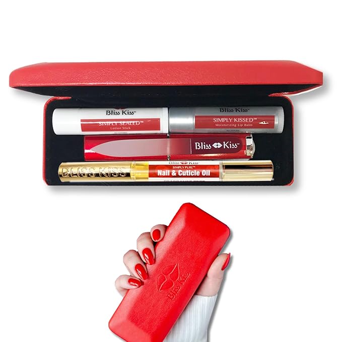 Bliss Kiss Nail Travel Manicure Kit - Great Gift Idea - Easy carry, to-go case to care for your nails, skin, and lips - Hydrating Nail and Cuticle Oil, Lotion Stick, Crystal Nail File, Lip Balm