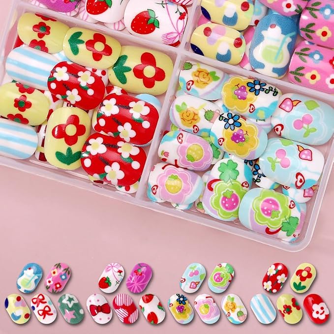 96Pcs 4 Packs Cute Short Press on Nails for Girls 4 Styles 12 Sizes Press on Nails for Kids Press ons with Flower Fruit Food Bow Designs Full Cover Acrylic Nails for Little Girl Gift DIY Manicure