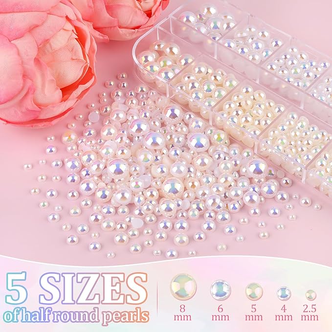 Flatback Pearls for Crafting with 3Pcs 10ml B7000 Jewelry Glue, 2 Boxes of Half Round Beige AB and White AB Pearls, Bedazzling Beads for DIY Crafts Clothing Tumblers Shoes Embellishment Nail Art