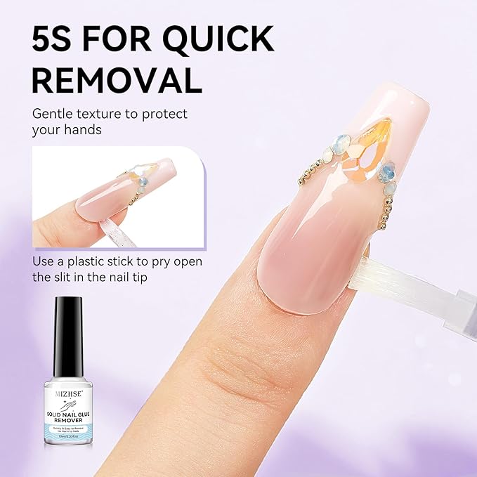 MIZHSE Solid Nail Glue Gel and Glue Remover, Strong Adhesion 18g Solid Gel Glue Kit for Acrylic Fake Nails and Nail Tips 10mL Press on Nails Remover Easy Removal