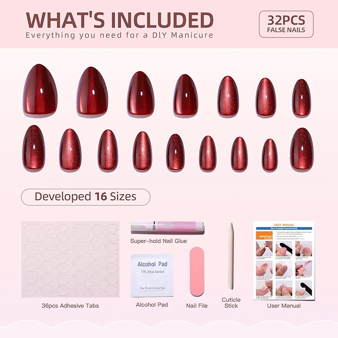 RTKHFZE Press On Nails Short - Soft Gel Press on Nails Square Red Cat Eye Fake Nails with Nails Glue,Fit Perfectly,Reusable Stick on Nails in 16 Sizes - 32Pcs False Nails Kit, Hot Love