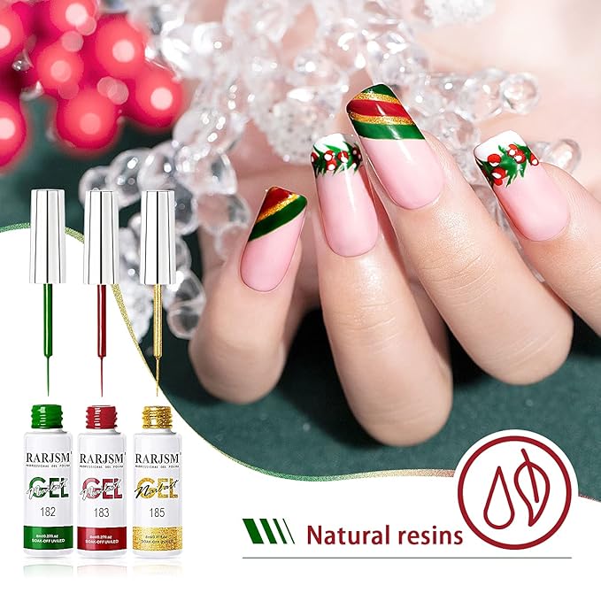 RARJSM Painting Drawing Liner Pen Gel Nail Polish Set,Silver Gold Glitter Dark Green Red White Nail Art Design UV Led Gel Polish Kit,DIY 3D GelNail Paint Pull Line Pen Tool for Nails Manicure