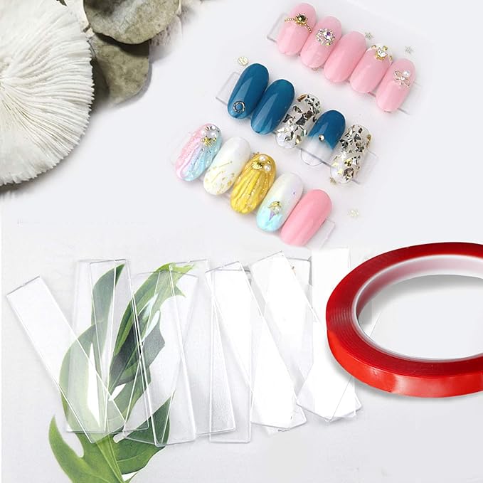 100PCS Transparent Nail Art Display Stand,With 2 Rolls Double-Sided Tape For Practicing,Acrylic Nail Tips Display Strips,Fake Nails Art Tips Practice Holder For Salon Home Nail Accessory Office Decor